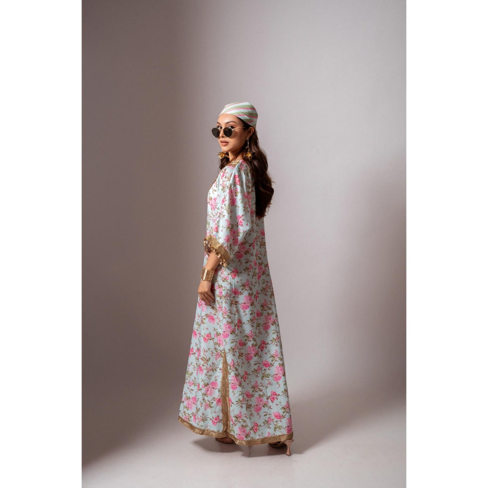 Maison Shefali Linen Digital Print Aqua Green Dress