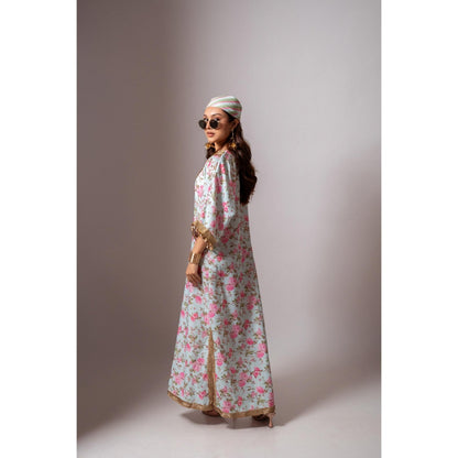 Maison Shefali Linen Digital Print Aqua Green Dress