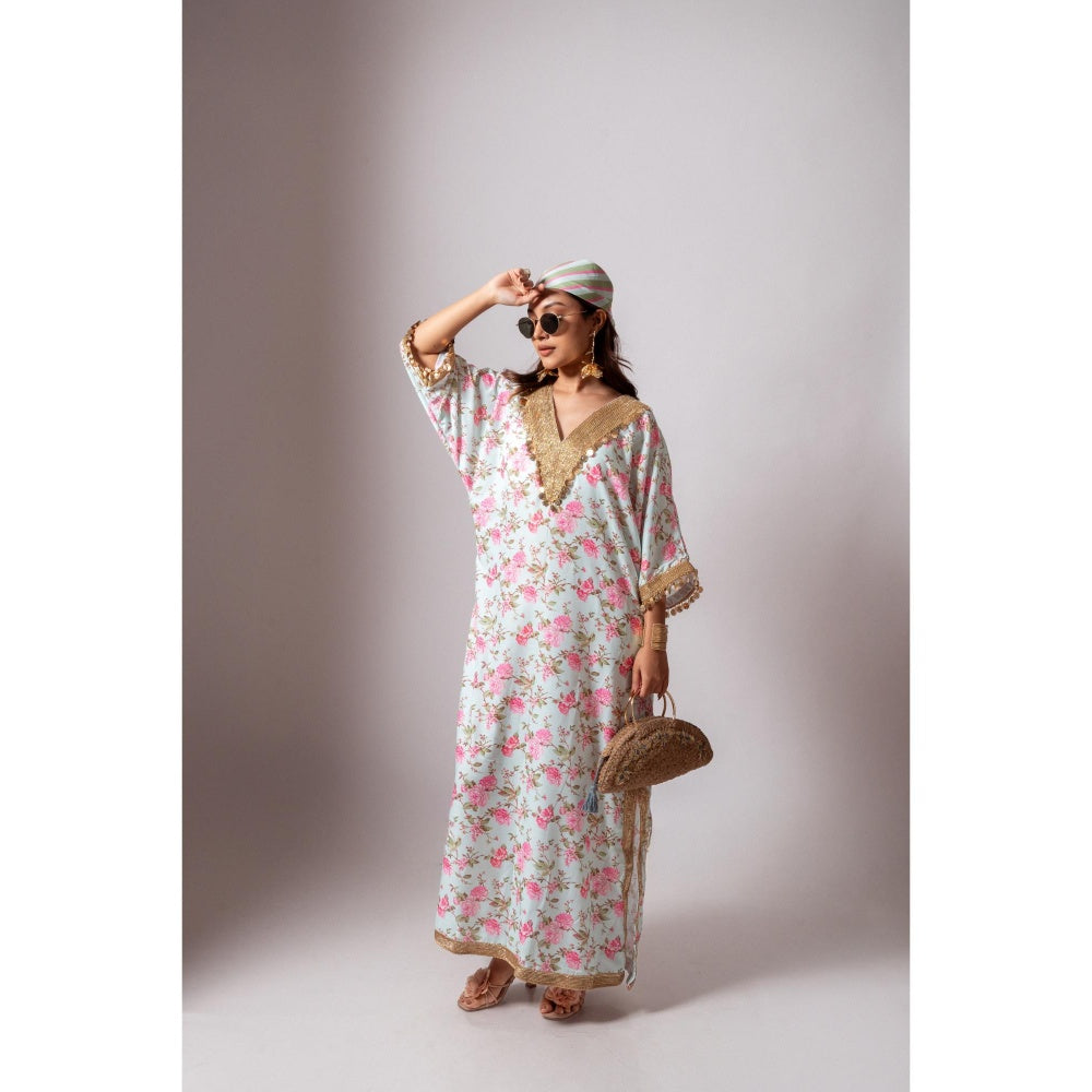 Maison Shefali Linen Digital Print Aqua Green Dress
