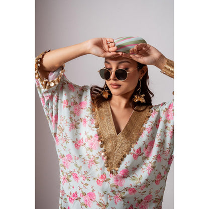 Maison Shefali Linen Digital Print Aqua Green Dress