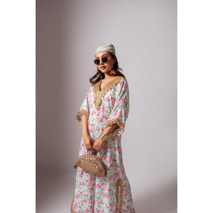 Maison Shefali Linen Digital Print Aqua Green Dress