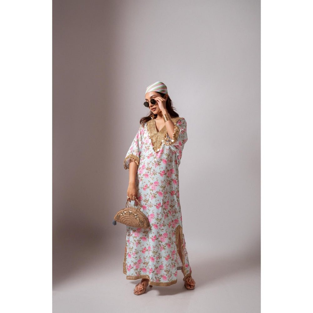 Maison Shefali Linen Digital Print Aqua Green Dress