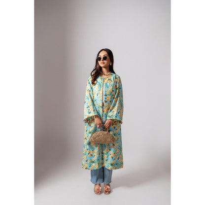 Maison Shefali Linen Digital Print Turquoise Summer Shrug