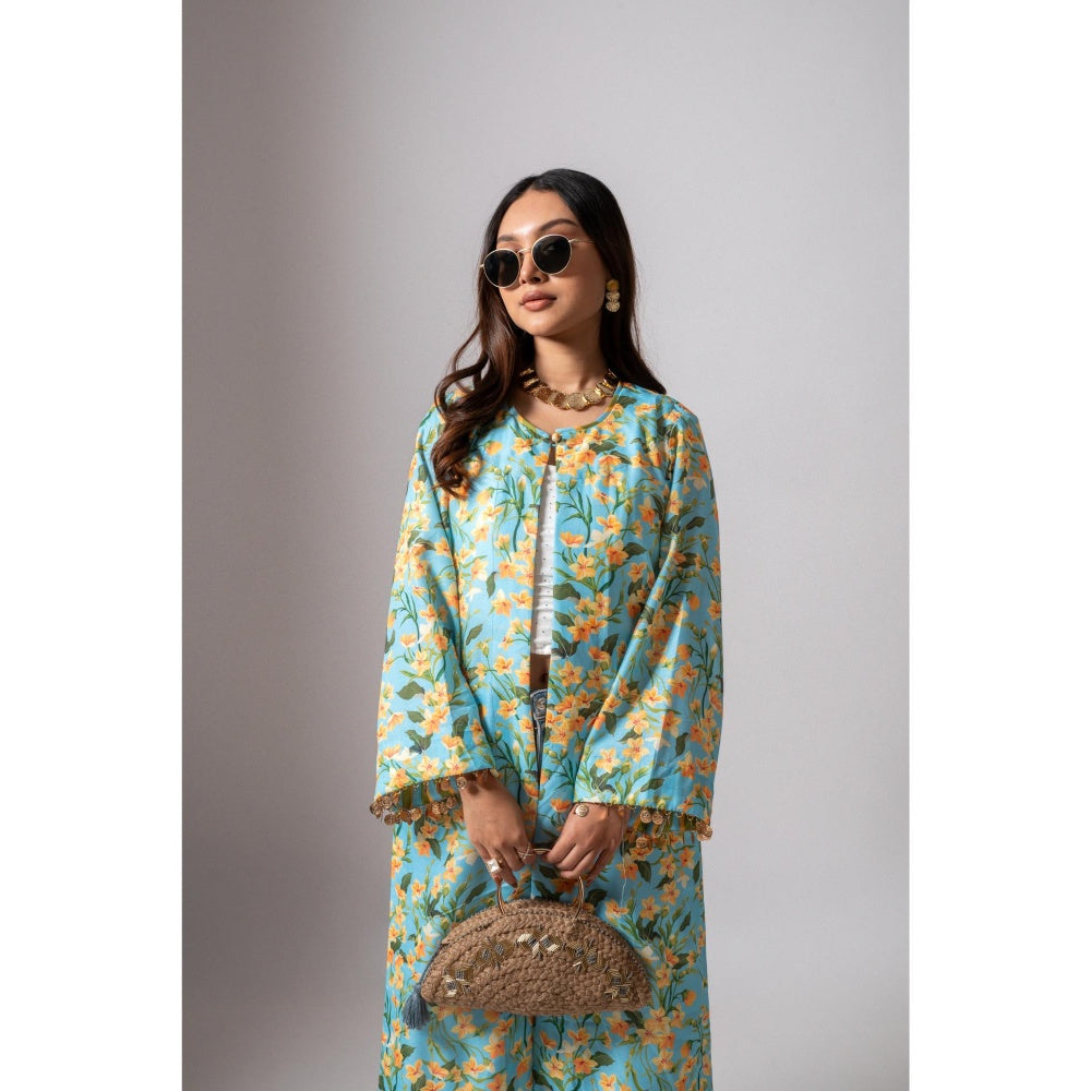Maison Shefali Linen Digital Print Turquoise Summer Shrug