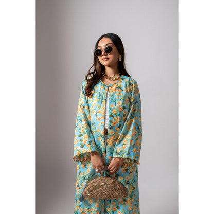 Maison Shefali Linen Digital Print Turquoise Summer Shrug