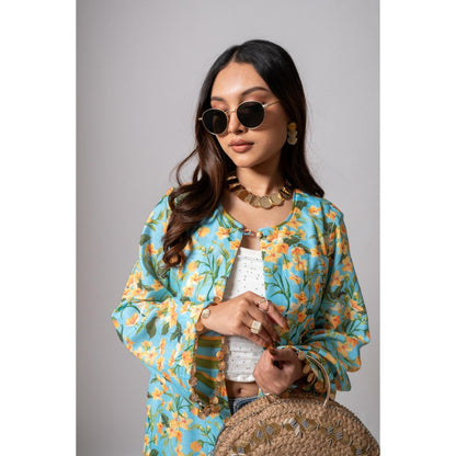 Maison Shefali Linen Digital Print Turquoise Summer Shrug