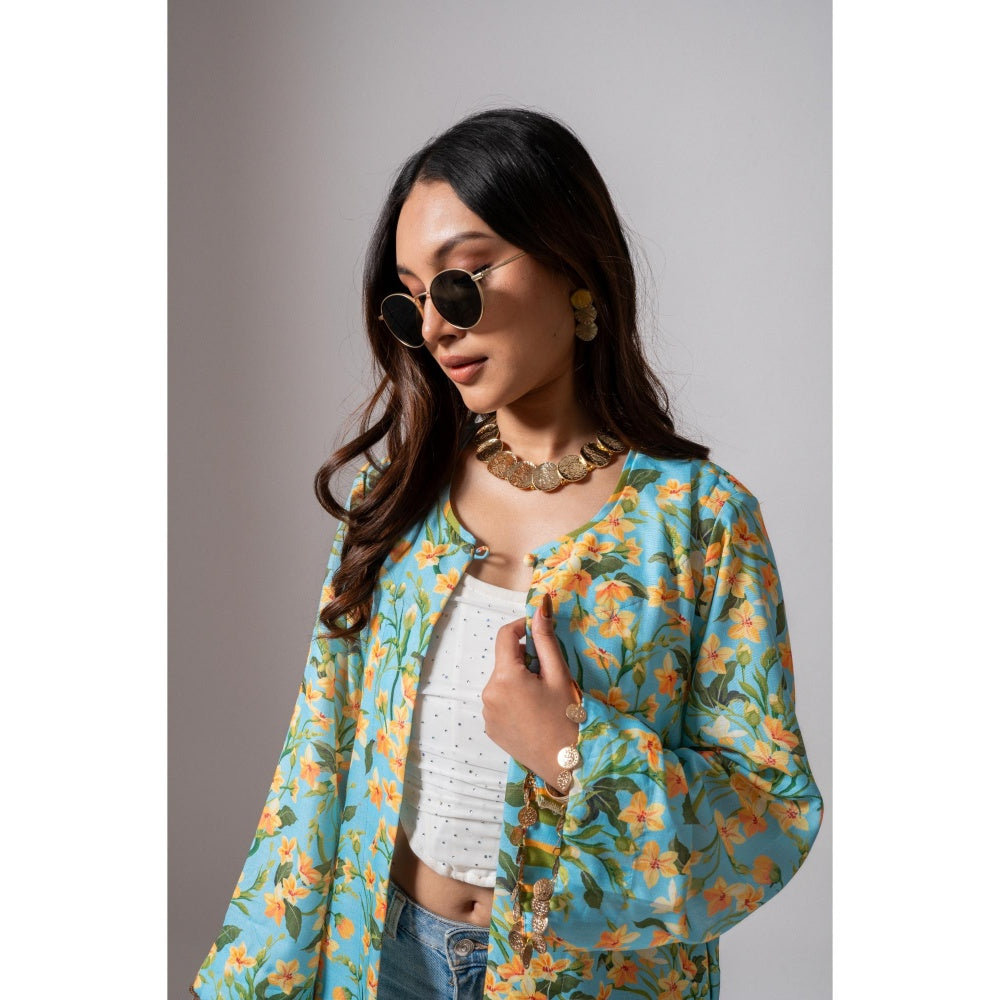 Maison Shefali Linen Digital Print Turquoise Summer Shrug