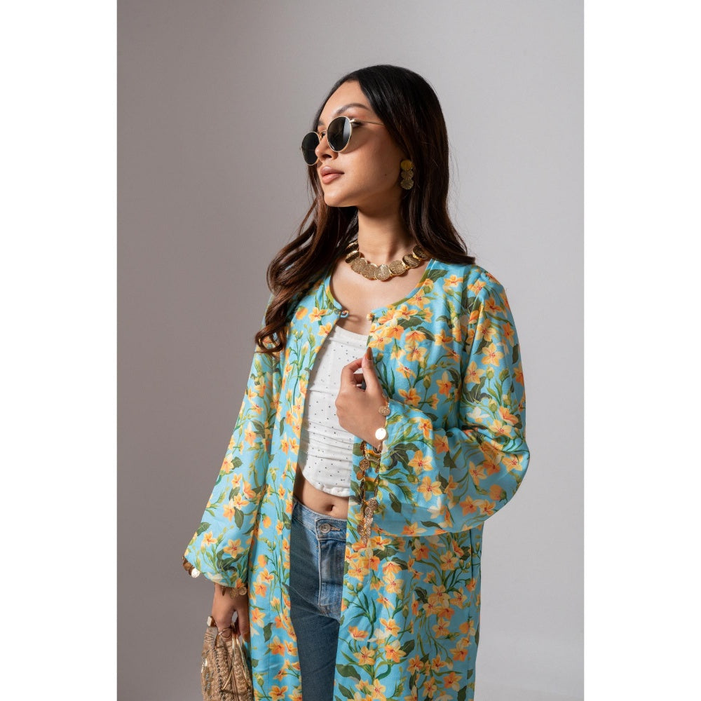 Maison Shefali Linen Digital Print Turquoise Summer Shrug