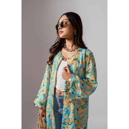 Maison Shefali Linen Digital Print Turquoise Summer Shrug