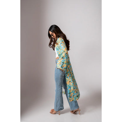 Maison Shefali Linen Digital Print Turquoise Summer Shrug