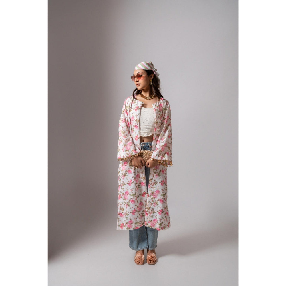 Maison Shefali Linen Digital Print Summer White Shrug