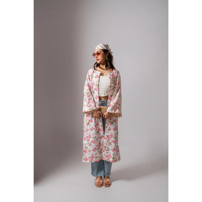 Maison Shefali Linen Digital Print Summer White Shrug