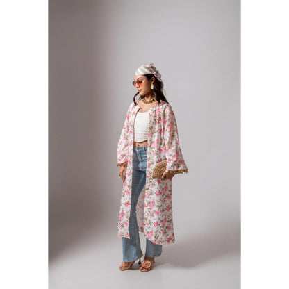 Maison Shefali Linen Digital Print Summer White Shrug