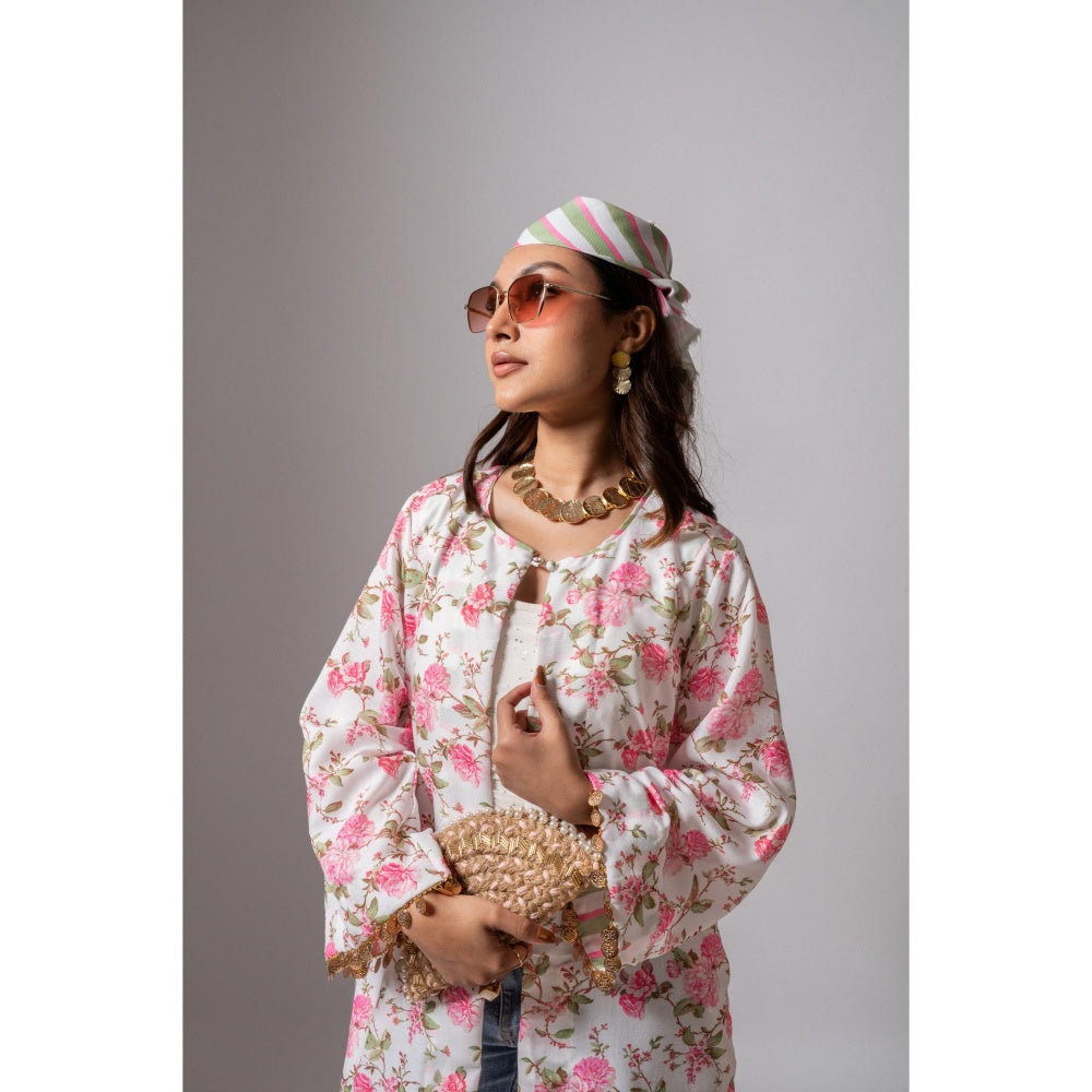 Maison Shefali Linen Digital Print Summer White Shrug