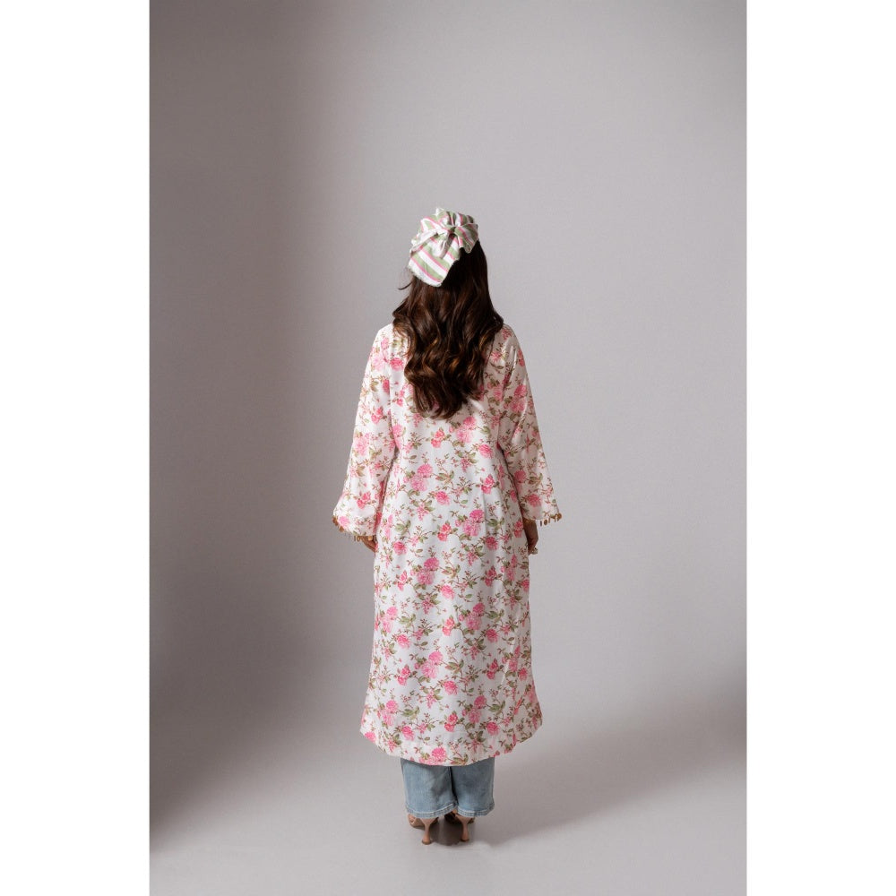 Maison Shefali Linen Digital Print Summer White Shrug