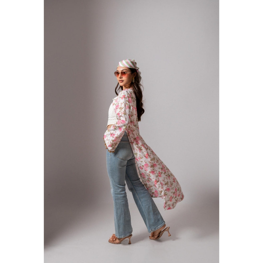 Maison Shefali Linen Digital Print Summer White Shrug