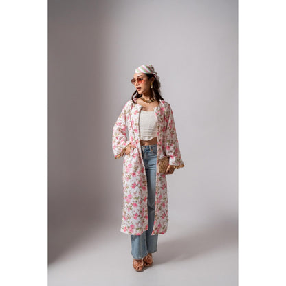 Maison Shefali Linen Digital Print Summer White Shrug