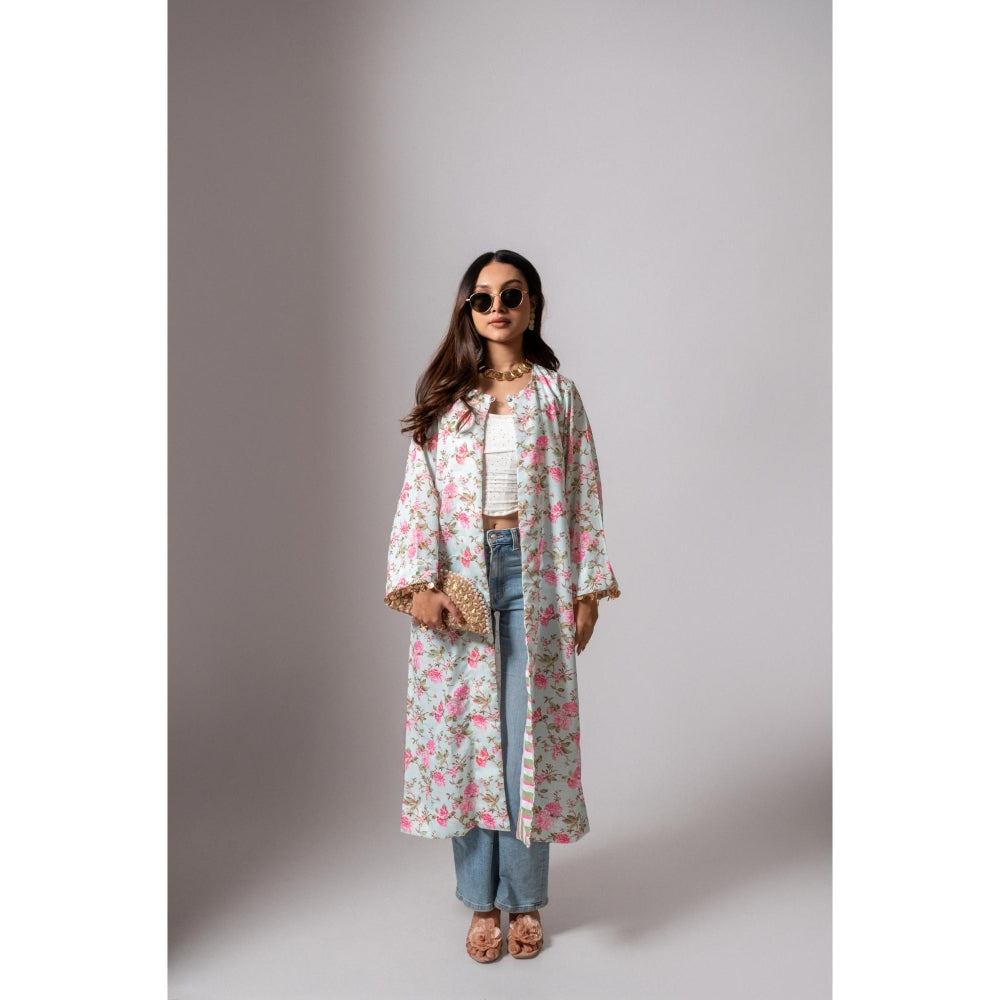 Maison Shefali Linen Digital Print Summer Blue Shrug