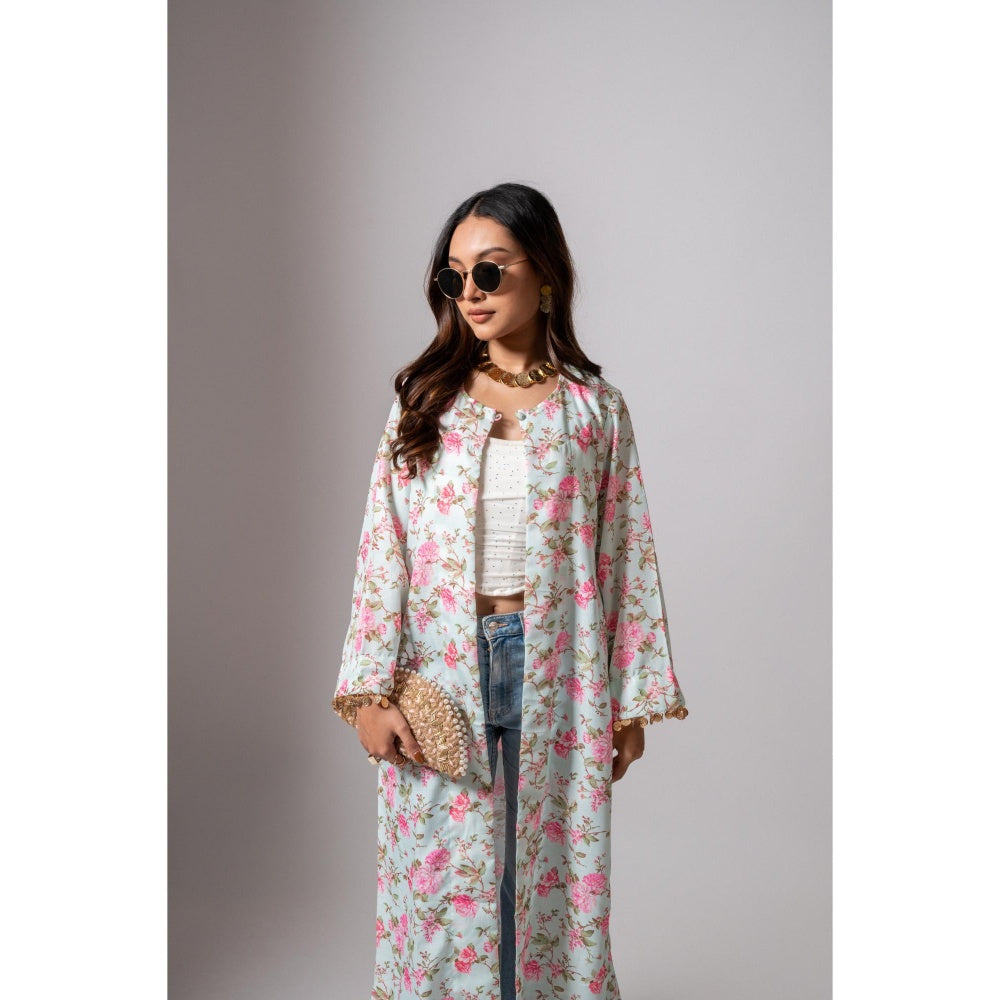 Maison Shefali Linen Digital Print Summer Blue Shrug