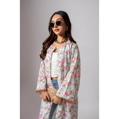 Maison Shefali Linen Digital Print Summer Blue Shrug