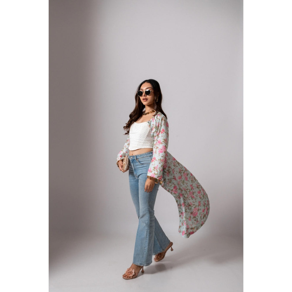 Maison Shefali Linen Digital Print Summer Blue Shrug