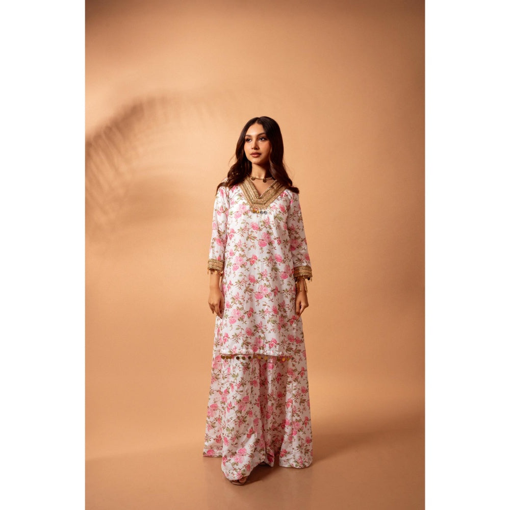 Maison Shefali Linen Digital Print White Kali Sharara with Kurti (Set of 2)
