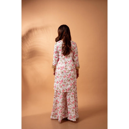 Maison Shefali Linen Digital Print White Kali Sharara with Kurti (Set of 2)