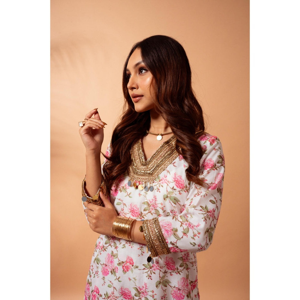 Maison Shefali Linen Digital Print White Kali Sharara with Kurti (Set of 2)