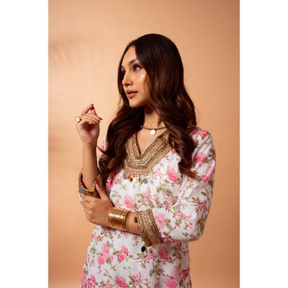 Maison Shefali Linen Digital Print White Kali Sharara with Kurti (Set of 2)
