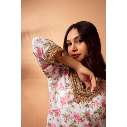 Maison Shefali Linen Digital Print White Kali Sharara with Kurti (Set of 2)
