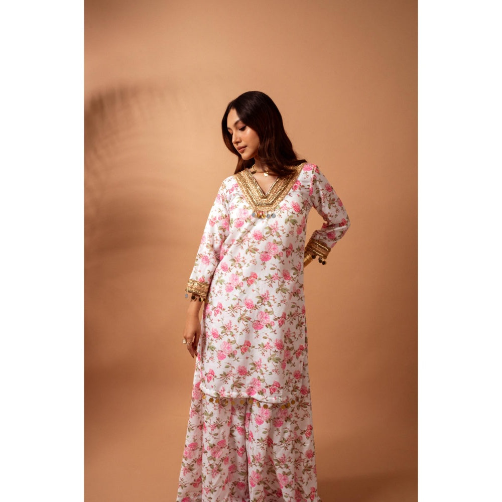 Maison Shefali Linen Digital Print White Kali Sharara with Kurti (Set of 2)