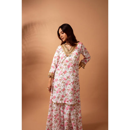 Maison Shefali Linen Digital Print White Kali Sharara with Kurti (Set of 2)
