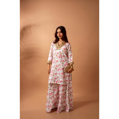 Maison Shefali Linen Digital Print White Kali Sharara with Kurti (Set of 2)