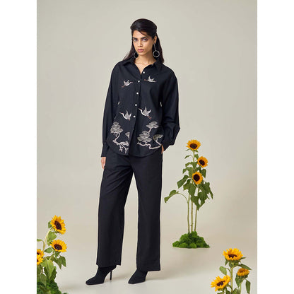 Maisolos Black Poplin Flamingo Shirt with Pant (Set of 2)