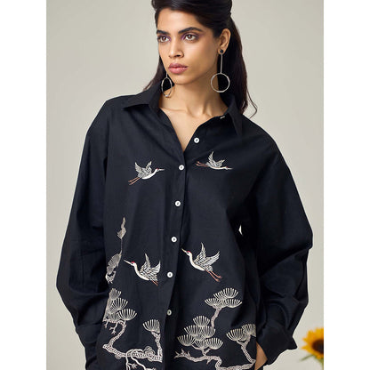 Maisolos Black Poplin Flamingo Shirt with Pant (Set of 2)