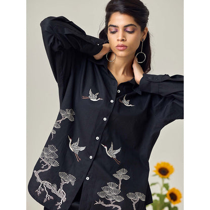 Maisolos Black Poplin Flamingo Shirt with Pant (Set of 2)