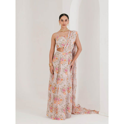 Maive Blush Pink Floral Print Pre Stitched Saree With Stitched Blouse