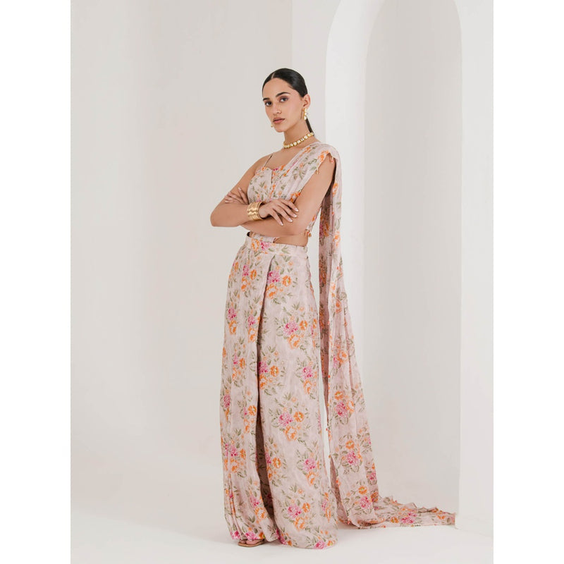 Maive Blush Pink Floral Print Pre Stitched Saree With Stitched Blouse