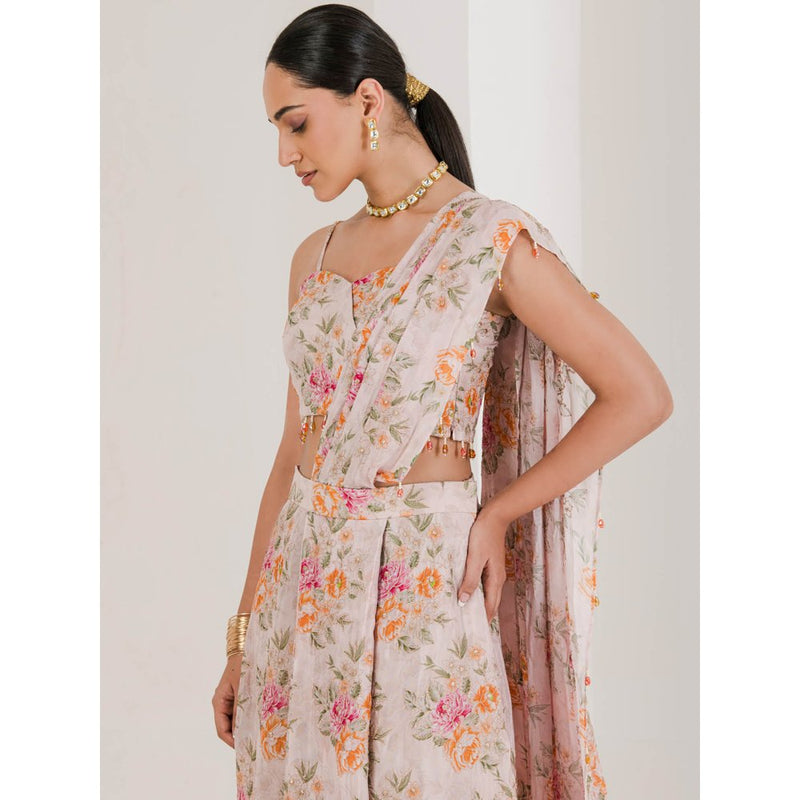 Maive Blush Pink Floral Print Pre Stitched Saree With Stitched Blouse