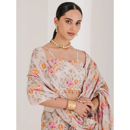 Maive Blush Pink Floral Print Pre Stitched Saree With Stitched Blouse
