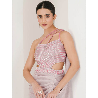 Maive Shimmer Pink Embroidered Pre Stitched Saree With Stitched Blouse
