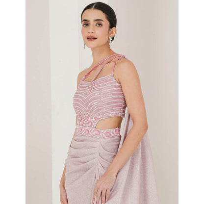 Maive Shimmer Pink Embroidered Pre Stitched Saree With Stitched Blouse