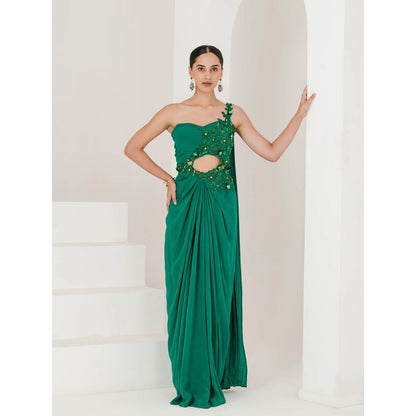 Maive Crepe Hand Embroidered Pre Stitched Green Saree With Stitched Blouse