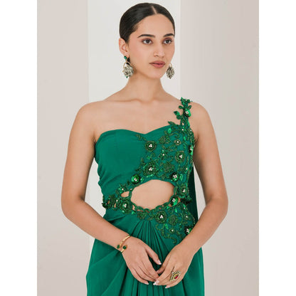 Maive Crepe Hand Embroidered Pre Stitched Green Saree With Stitched Blouse