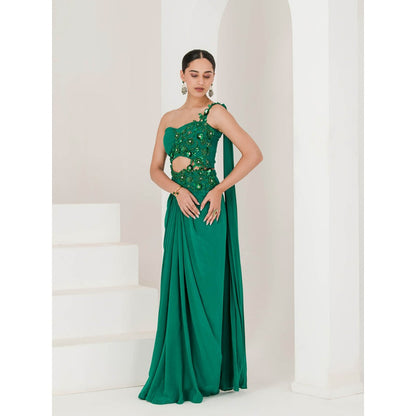 Maive Crepe Hand Embroidered Pre Stitched Green Saree With Stitched Blouse