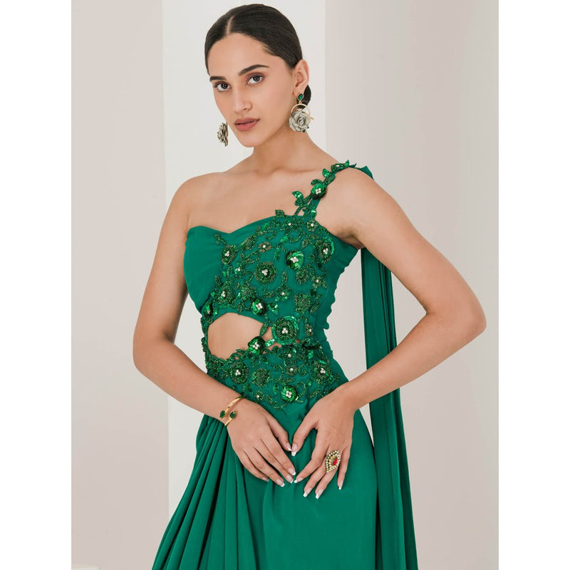 Maive Crepe Hand Embroidered Pre Stitched Green Saree With Stitched Blouse