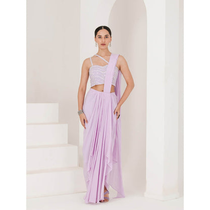Maive Lilac Hand Embroidered Pre Stitched Saree With Stitched Blouse