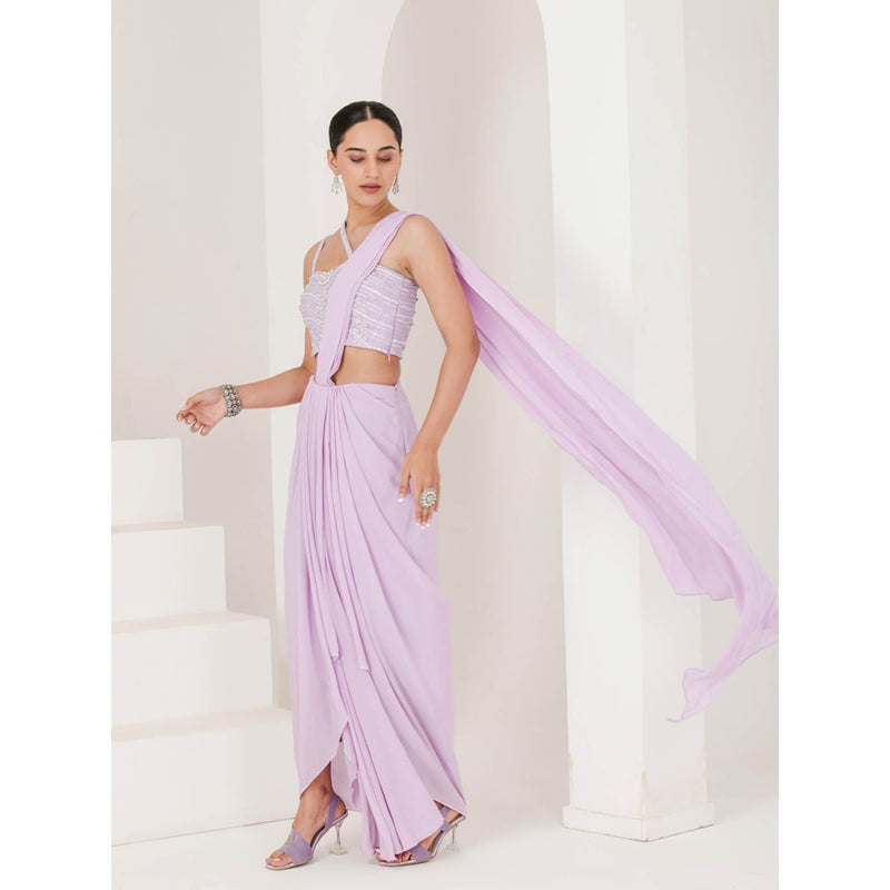Maive Lilac Hand Embroidered Pre Stitched Saree With Stitched Blouse