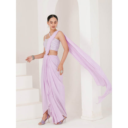 Maive Lilac Hand Embroidered Pre Stitched Saree With Stitched Blouse