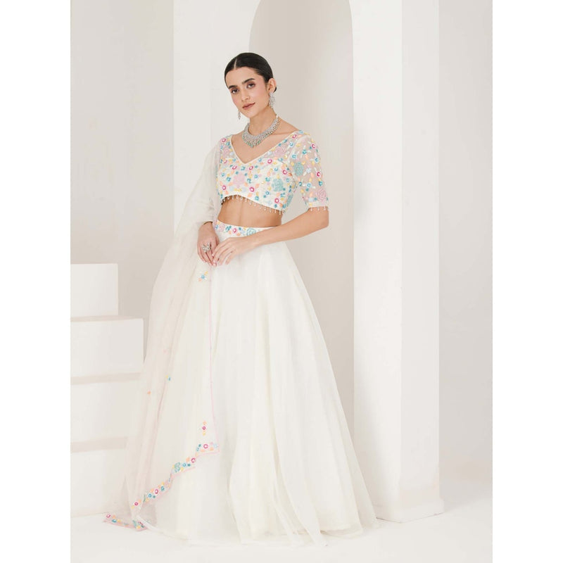 Maive White Floral Hand Embroidered Lehenga with Blouse and Dupatta (Set of 3)